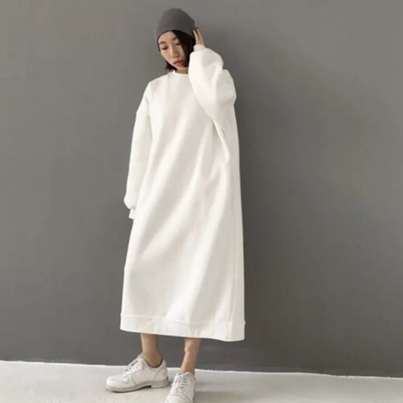 Sweater dress cotton sweatshirt white minimalist pullover Korean Fashion Womens - Picture 4 of 6
